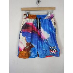 Tango Hotel Mens Abstract Painterly Print Mesh Lined‎ Shorts Blue Red Small